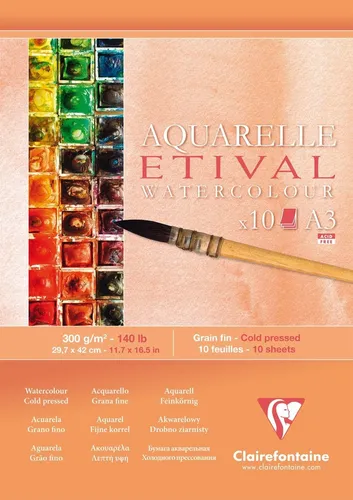 Clairefontaine Künstlerblock Aquarelle ETIVAL - DIN A3, 10 Blatt, 300 g/m², 100 % Zellulose, ideal für Aquarell- und Nasstechniken