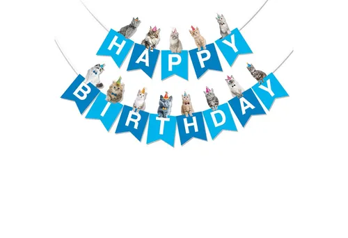 BRUBAKER Wimpelkette Happy Birthday mit Party Katzen - Geburtstag Deko Party Banner, Geburtstagsgirlande für Jungen und Mädchen - Tier Girlande