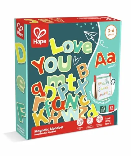 Hape Magnetisches Alphabet – 52 Bunte Magnetbuchstaben aus Holz, Groß- und Kleinbuchstaben Lernspielzeug zur Sprachförderung, für Kinder ab 3 Jahren