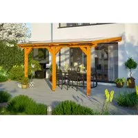 Skan Holz Terrassenüberdachung Andria 434 x 350 cm - Hochwertige Terrassenüberdachung aus Leimholz mit stabiler Dacheindeckung aus 16 mm Polycarbonat. Ideal für langlebigen Wetterschutz und sofortige Montage ohne Grundierung.