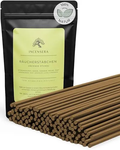 Räucherstäbchen – 100 Incense Sticks Mix (Zitronengras, Minze, Geranie, Nelke, Zimt) – natürlicher Sommerduft – Meditation, Yoga & Rauhnächte