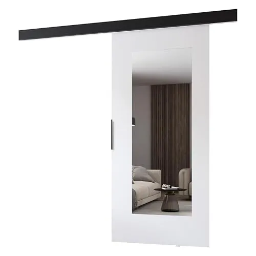 MINIO go for it - Schiebetüren 96 cm mit Spiegel, Schiebetür Zimmertür PRIM I, Schiebetürsystem für Zimmer, Dekorative Elemente, Wandmontage, Türe Innen - Weiss/Schwarz