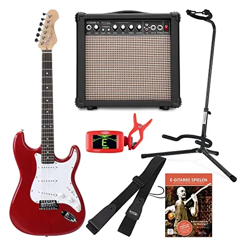 Rocktile Sphere Classic Red E-Gitarre Set - E-Gitarren Set mit 3 Single Coil Tonabnehmern, inklusive 15 Watt Verstärker und Zubehör für den perfekten Einstieg ins Gitarrenspiel.