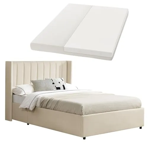 Juskys Polsterbett Savona 140x200 cm mit Stauraum - Bequemes Polsterbett mit H3 Matratze und elegantem Samt-Bezug in Beige. Ideal für höchsten Schlafkomfort und zusätzlichen Stauraum bis 250 kg. Perfekt für jedes Schlafzimmer.