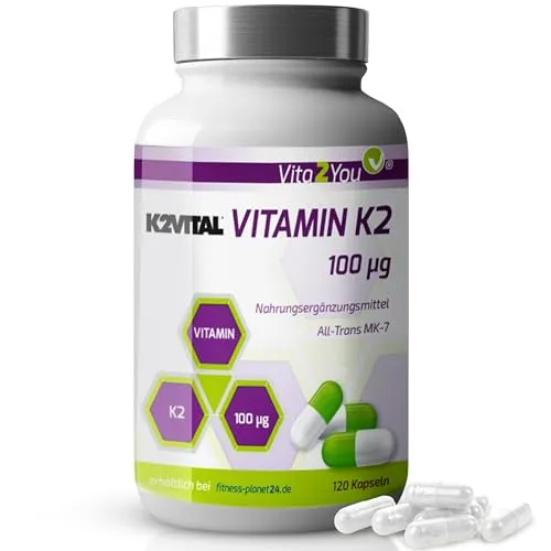 Vita2You Vitamin K2-100µg - 120 Kapseln - K2VITAL® - MK-7-99,7% All Trans - Premium Qualität von Kappa - Made in Germany