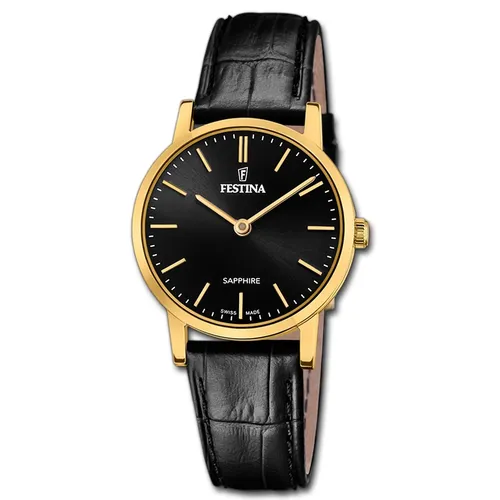 Festina F20017/3 Damen Uhr - Swiss Made - Elegante Armbanduhr für Damen mit goldfarbenem Edelstahlgehäuse und schwarzem Lederband, wasserdicht bis 5 bar – ideal für stilvolle Anlässe.
