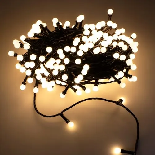 Kugel Lichterkette 200 LED warm weiß - 20 m - Weihnachtsdeko mit Timer - Weihnachtsbeleuchtung mit 200 warm weißen LEDs, IP44 spritzwassergeschützt und ideal für Innen- und Außenbereiche, perfekt für stimmungsvolle Dekoration in der Adventszeit.