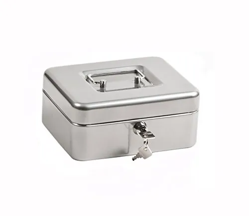ProfiOffice Geldkassette aus Stahlblech | abschließbar | Münzgeld-Einsatz herausnehmbar | 20 x 16 x 9 cm | Kasse mit 2 Schlüsseln | geeignet als Spardose, Trinkgeldkasse | Silber (10032)