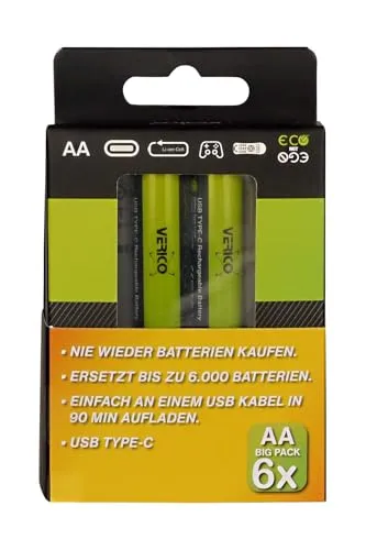 VERICO LoopEnergy AA 2550 - Wiederaufladbare USB-C Batterie - Akkus mit 2550mWh, ersetzt bis zu 1000 Alkaline-Batterien, umweltfreundlich und schnell aufladbar über USB-C in nur 2 Stunden.
