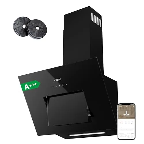 CIARRA CBCB6736M A+++ Dunstabzugshaube 60 cm Umluft Wi-Fi App Touch-Bedienung Glasplatte öffnet automatisch Kopffreie Schräghaube Abzugshaube 650 m³/h 4 Stufen Booster Abluft CBCF003 Kohlefilter