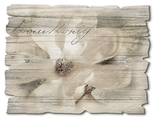 ARTland Wanddeko Bild aus Holz Holzbild vintage Deko 40x30 cm Querformat Blumen Magnolie Botanik Schriftzug Landhausstil T4RT