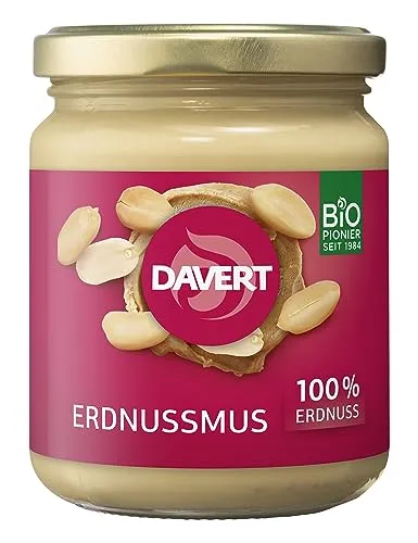 Davert Erdnussmus 250g – Feinstes cremiges Mus aus fettfrei gerösteten Bio-Erdnüssen – 100% Davert Bio-Qualität (1 x 250g)