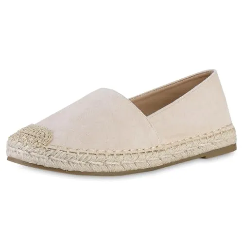 VAN HILL Damen Espadrilles Flach Bast Bequem Schuhe 215163 Beige 37