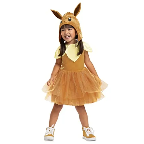 Metamorph Kostüm Pokémon – Evoli Kleid für Kinder - Kostüm für kleine Pokémon-Fans, süßes Evoli Kleid mit abnehmbarem Schwanz und Kopfbedeckung, perfekt für Karneval oder Kindergeburtstage.