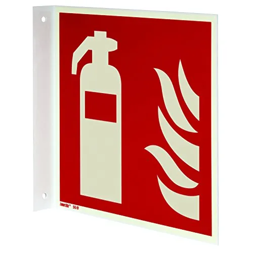 Feuerlöscher Fahnenschild 200 x 200 mm – Langnachleuchtendes Kunststoff Schild, doppelseitig Bedruckt, ASR A1.3 / ISO 7010, Brandschutzzeichen, Innen- & Außenbereich