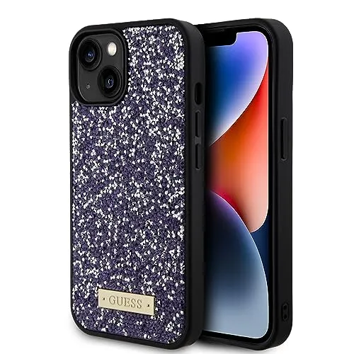 GUESS HARD CASE FÜR IPHONE 15/14/13 - Violette TPU Schutzhülle mit Strass - Taschen & Schutzhüllen, stylische und schützende TPU Hülle mit funkelndem Strass und Metall-Logo für einen glamourösen Look.