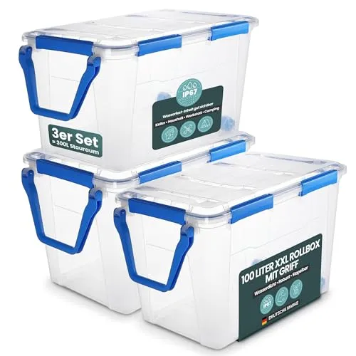 Kreher® Aufbewahrungsbox 100 Liter – wasserdicht, stapelbar & robust - Praktische 100-Liter Aufbewahrungsbox mit Silikondichtung, ideal für Haushalt und Outdoor. Schützt zuverlässig vor Wasser und Staub, perfekt für Werkzeuge, Kleidung und mehr. Stapelbar für optimale Raumnutzung.
