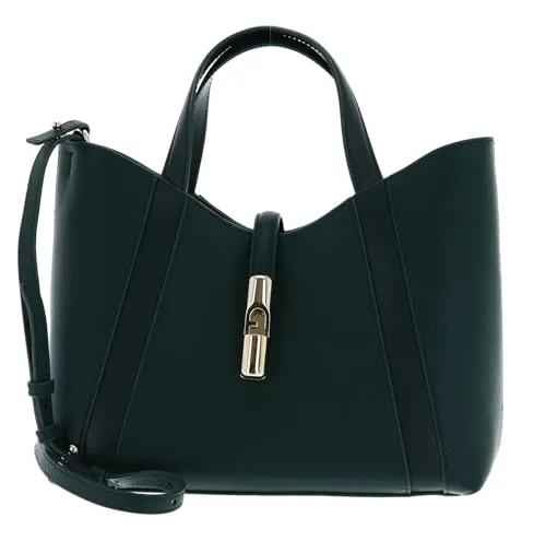 Furla Leder Shopper Goccia Tote Bag Botanical Green - ELEGANTE TOTE BAG — Diese hochwertige Tasche in Botanical Green überzeugt mit italienischem Design und goldfarbenen Akzenten. PRAKTISCH & VIELSEITIG — Der geräumige Innenraum mit Fächern sorgt für Ordnung und die flexiblen Trageoptionen bieten Komfort im Alltag.