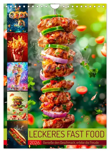 Leckeres Fast Food Wandkalender 2026 - Fotokunst-Kalender mit köstlichen Illustrationen von Burgern und Nuggets, ideal für Food-Liebhaber und jeden Gaumen.