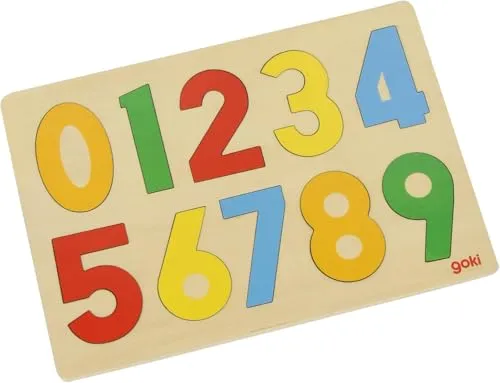 goki GK602 - Einlegepuzzle Zahlen 0 bis 9 aus Holz, Holzpuzzle mit bunten Ziffern, Lernspielzeug und Kinderpuzzle, fördert Fantasie und Motorik der Kinder, 30cm x 21cm, 10er Set, ab 2 Jahre
