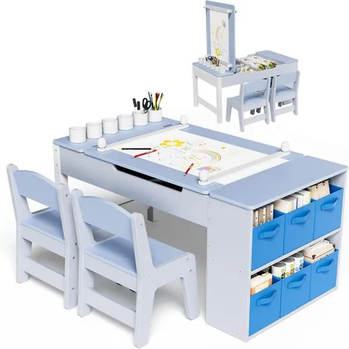 TLGREEN Kindertisch Höhenverstellbarer Kindertisch Set mit 2 Stühlen (Kindermaltisch mit Papierrolle und Stauraum), Wasserdichtes Kindertisch für Malen/Lernen/Essen(ab 3 Jahre)