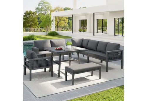 Merax Gartenmöbelset mit Verstellbaren Beinen für 5-6 Personen - Grau - Modulares Gartenmöbelset für flexible Anordnung, ideal für Balkon oder Terrasse. Wasserabweisende Kissen sorgen für Komfort, während die hochwertigen Materialien Langlebigkeit garantieren. Genießen Sie stilvolle Stunden im Freien!