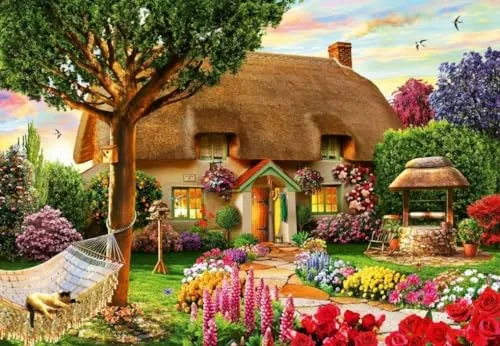 Bluebird Puzzle - Landhaus mit Strohdach, 1000 Teile Puzzle - Traditionelles Reetdachhaus an einem Sommerabend - Puzzle für Erwachsene
