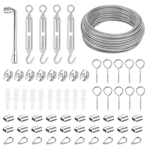 30M 3mm Edelstahl Stahlseil Kit, Drahtseil Stahlseil Kit, 304 Edelstahl Drahtseil Spanndraht Stahlseil Ummantelt mit ösen Seilspanngarnitur, für String Light Suspension,gardinenseil, wäscheleine