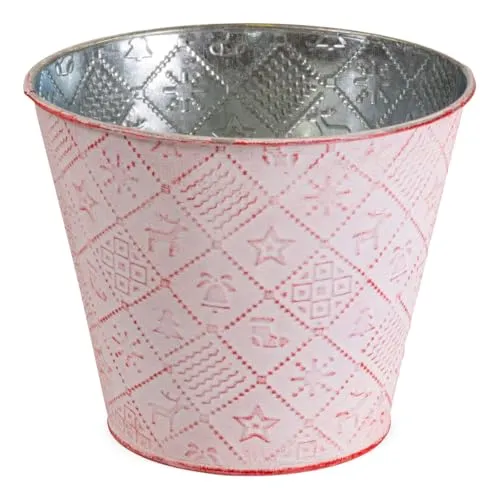 Runder Pflanztopf Winterdeko, Pflanzkübel in Ø 12 x 11 cm, Rot - Metall Pflanzschale als Weihnachtsdeko - Dekorative Blumenschale für Zimmerpflanzen, Blumentopf für Fensterbank oder Garten