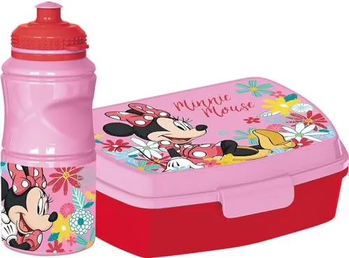 Tataway Disney Set 380-ml-Flasche und rosafarbene Sandwichbox für Kinder aus Minnie-Kunststoff mit rutschfestem Band und Sicherheitsverschluss