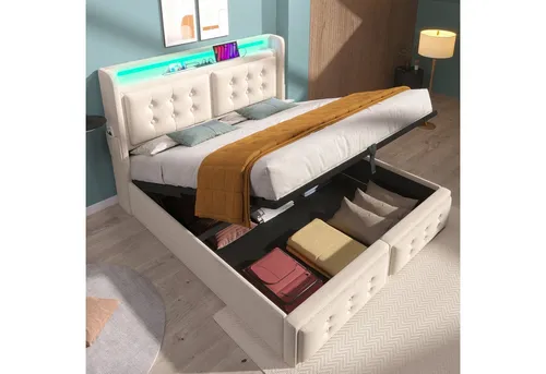 REDOM Polsterbett aus Holz und Metallrahmen (Hydraulisches Bett mit Lattenrost, 1-tlg., 160x200cm, ohne Matratze, Beige), mit Led-Kopfteil und USB C Ladefunktion