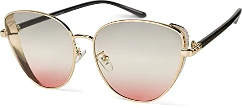 styleBREAKER Damen Cateye Sonnenbrille mit Glitzer Element, Metall Rahmen und Polycarbonat Gläser, Katzenaugen Form, Retro Look 09020104, Farbe:Gestell Gold/Glas Grau-Apricot Verlauf