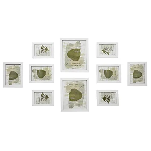 SONGMICS Bilderrahmen 10er Set, für 2 Fotos in 20 x 25 cm, 4 Fotos in 13 x 18 cm, 4 Fotos in 10 x 15 cm, Kunststoffscheibe, MDF, Rustikales Weiss und Klares Glas RPF310W