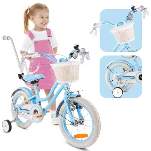 sun baby Mädchenfahrrad 14 Zoll Radgröße Heart Bike zur Auswahl, mit Abnehmbarer Schubstange, Kinderfahrrad für Mädchen von 2 bis 6 Jahre (Silver Moon - Blau, 14 Zoll)