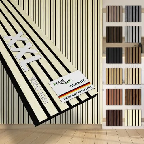 HEXIM Akustikpaneele 10 Stück - 280x30cm Holz Grande mit Filz Schalldämmung - 10 hochwertige Akustikpaneele (2800 mm, 8,41 m²) aus MDF und Filz, bieten effektive Schalldämmung und edle Optik. Ideal für stilvolle Wandgestaltungen und einfache Montage.