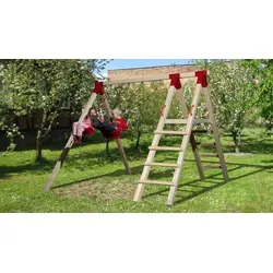 Tabaluga Doppelschaukel 816 A mit Podest, Natur - Kinderspielgeräte für den Garten, stabile Bauweise aus Nadelholz mit integrierter Klettereinheit und Sicherheitsgriffen für sicheren Spielspaß.