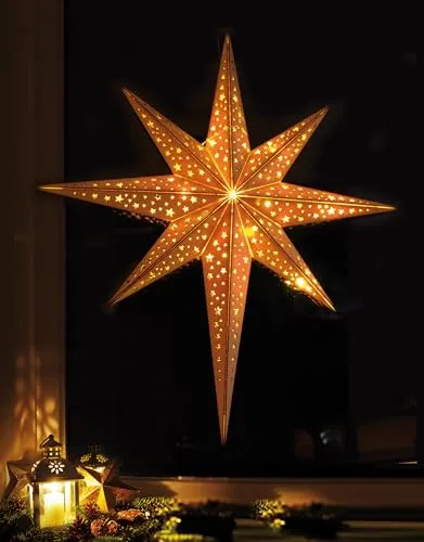 LED Holzstern mit Fernbedienung - 52 cm Weihnachtsdekoration - Schöner Holzstern mit 10 warmen LEDs und Fernbedienung, kabellos und batteriebetrieben. Ideal für festliche Atmosphäre in der Winterzeit, Ø 52 cm, platzsparend zusammenfaltbar.