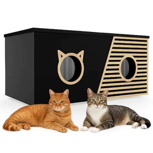 QLS Katzenhaus XXL – Wetterfestes & Isoliertes Katzenhaus für bis zu 4 Katzen (Schwarz)