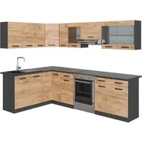 Vicco Winkelküche Rick, Anthrazit/Goldkraft Eiche, 267 x 167 cm - Küchenzeilen mit modernem Design, ausgestattet mit 4 Unterschränken und 7 Hängeschränken für optimalen Stauraum und eine stilvolle Arbeitsplatte in Weiß-Marmor.