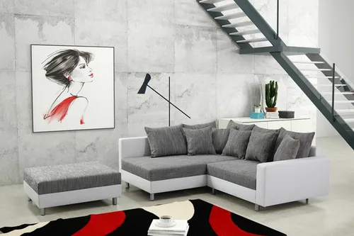 Kuechen-preisbombe Modernes Sofa Couch Ecksofa Eckcouch in Weiss mit Hocker - Minsk L - Sofas & Couches, modernes Design mit passendem Hocker, robuste Konstruktion für langlebige Standfestigkeit und hohe Qualität zum fairen Preis