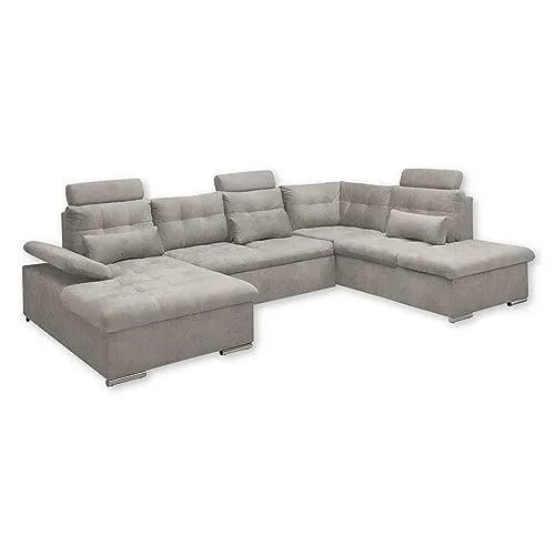 Black Red White Sofa Wohnlandschaft MELLI, Grau, 324 cm - Sofa Wohnlandschaft mit ausziehbarer Bettkastenfunktion, 3 verstellbaren Kopfstützen und modernem Design, ideal für komfortable Wohnräume.
