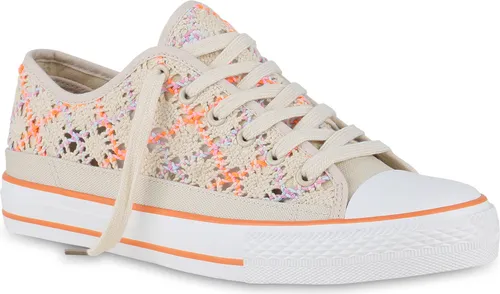 VAN HILL Damen Übergrößen Sneaker Low Schnürer - Bequeme Schnür-Schuhe in Beige Orange, Größe 42 - Sneaker für Damen in Übergrößen, ideal für Frühling und Sommer. Bequemes Design mit flacher Sohle und runder Schuhspitze für optimalen Tragekomfort.