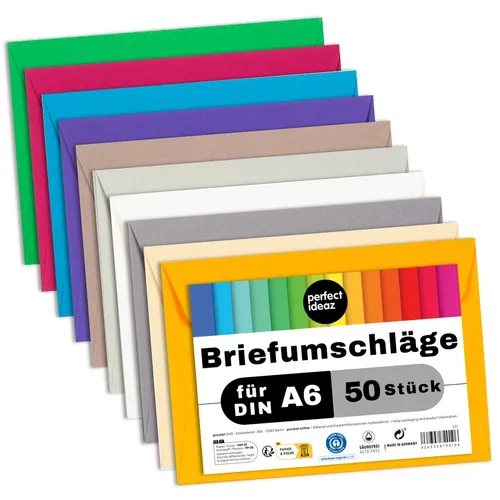 perfect ideaz 50 Briefumschläge C6 bunt selbstklebend ohne Fenster für A6 Karten