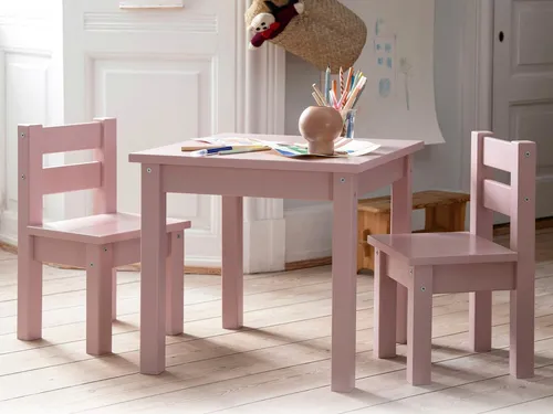 Hoppekids Kindersitzgruppe MADS 3-tlg. Set - Kinderzimmer-Sets mit 1 quadratischem Tisch und 2 rosa Stühlen, aus FSC®-zertifiziertem Holz, ideal für kreative Spielstunden und umweltfreundlich produziert.
