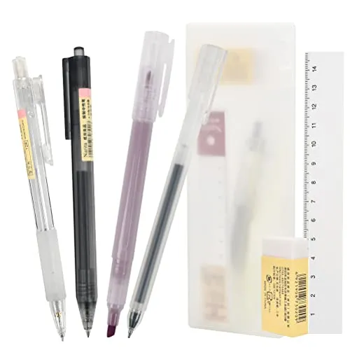 RIVLOP Druckbleistifte Set mit Federmäppchen, Mechanischer Bleistift 0,5 mm Doppelseitiger Textmarker Gelkugelschreiber set mit Doppelseitigem Lineal Radiergummi Federmäppchen für Büromaterial