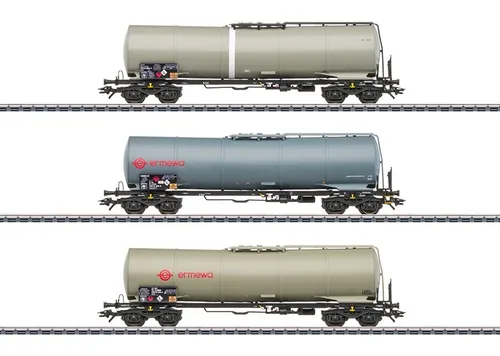 Märklin 46545 H0 3er-Set Kesselwagen Zans - Güterwagen, detailreiche Kesselwagen der Bauart Zans mit unisolierten Knickkesseln, ideal für Sammler und Modellbahn-Enthusiasten.