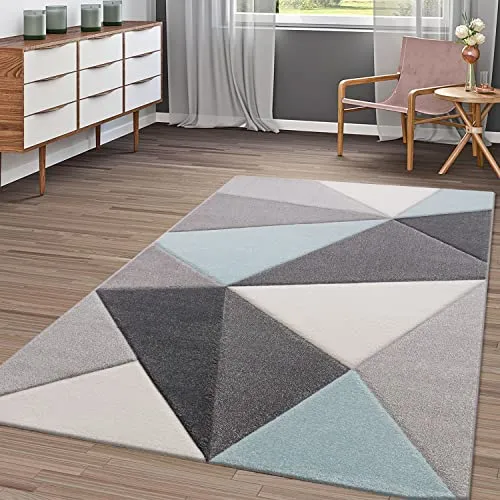TT Home Modern Kurzflor Teppich Wohnzimmer Konturenschnitt Dreieck Design Pastell Türkis, Größe:200x290 cm