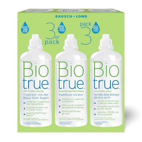 Produktbild Bausch + Lomb Biotrue All-in-One Kontaktlinsenreiniger und Aufbewahrungslösung für weiche Kontaktlinsen, 3er Pack, 3 x 300 ml - Sondergröße