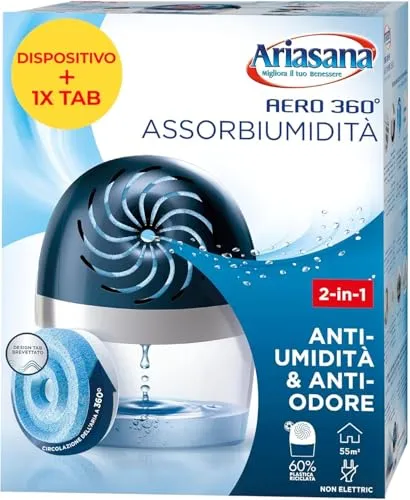 Ariasana Aero 360° Feuchtigkeitsabsorber-Set (1 Gerät inkl. 6 Nachfüllpackungen Tab 450 g), Luftentfeuchter, nicht elektrisch und recycelbar, absorbiert Feuchtigkeit gegen Kondensation und Schimmel