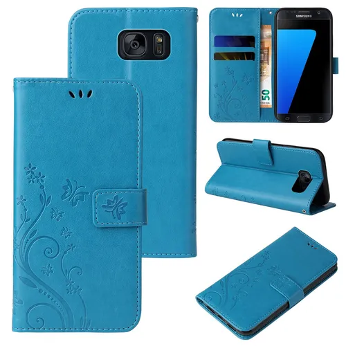 Handy Tasche für Samsung Galaxy S7 edge Handyhülle Blumen Flip Cover Buch Blau
